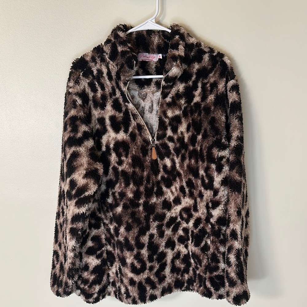 Pink Lily Leopard Print Fleece Jacket